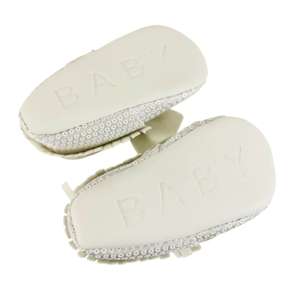 Baby Girls Dress Shoes Soft Sole Sequin Bow Fringe Faux Leather White Size 2